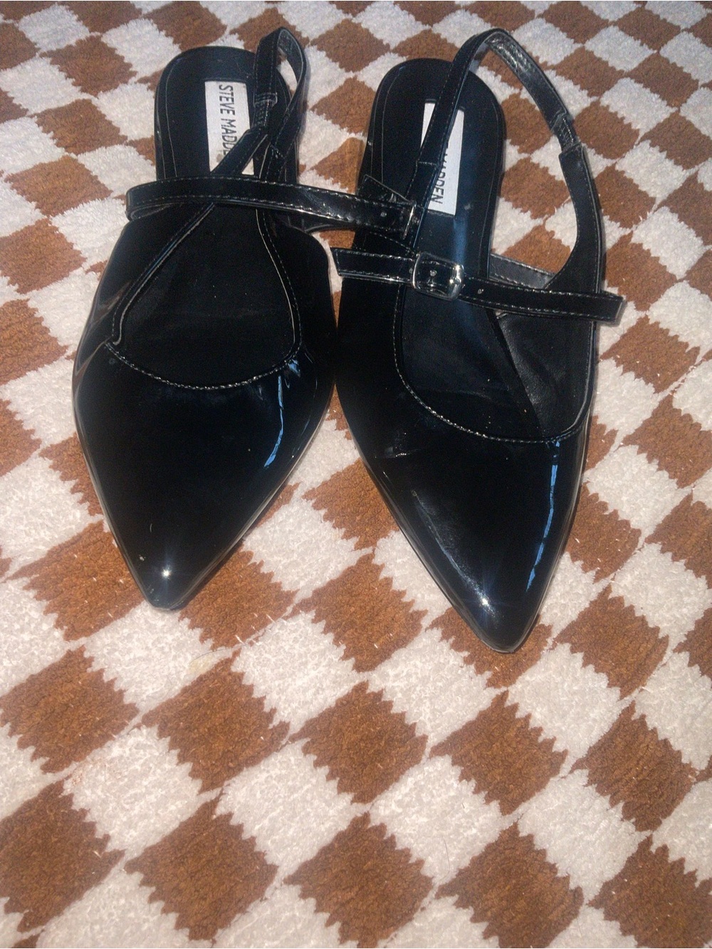Steve Madden Black Patent Pointed Slingback Flats with Buckle Strap